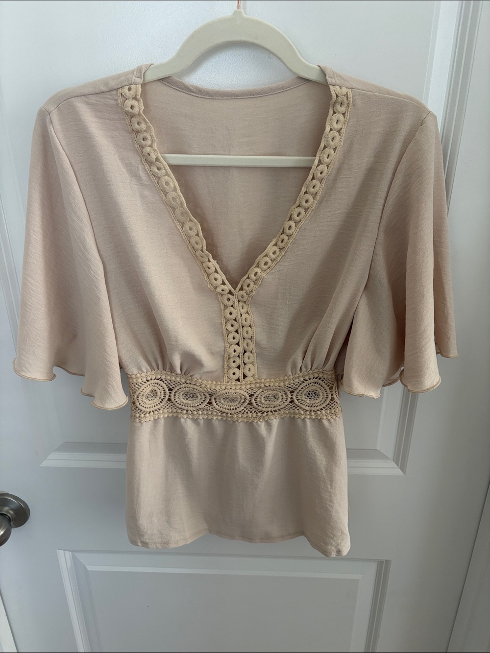 SHEIN Cream Crochet Trim V-Neck Blouse